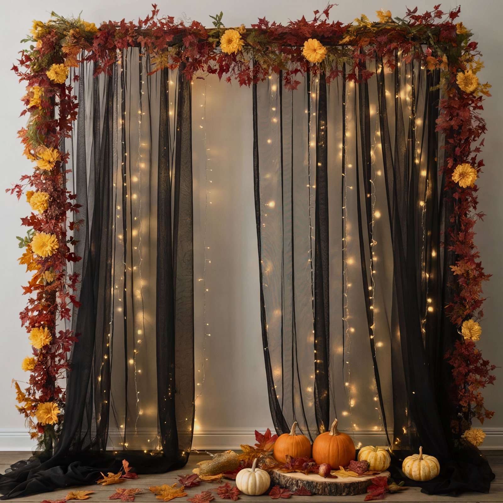 DIY fall photo backdrop with dark drapes, string lights, pumpkins, and autumn garland for Friendsgiving décor