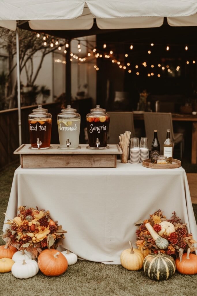 Keep things chic with a clean neutral tablecloth and seasonal accents. The drink dispensers are the star, framed by pumpkins and florals, making this Friendsgiving drink station both practical and photo‑ready.