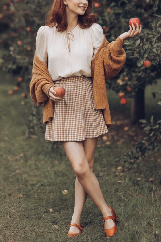 Woman wearing a brown gingham mini skirt, cream blouse, and mustard cardigan, holding apples in an orchard during fall.