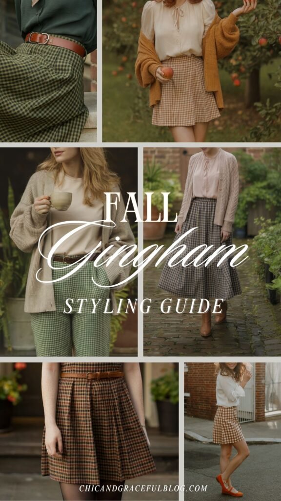 Woman wearing a sleeveless fall gingham dress with a brown belt and black tights, styled in a chic cottagecore-inspired autumn look.