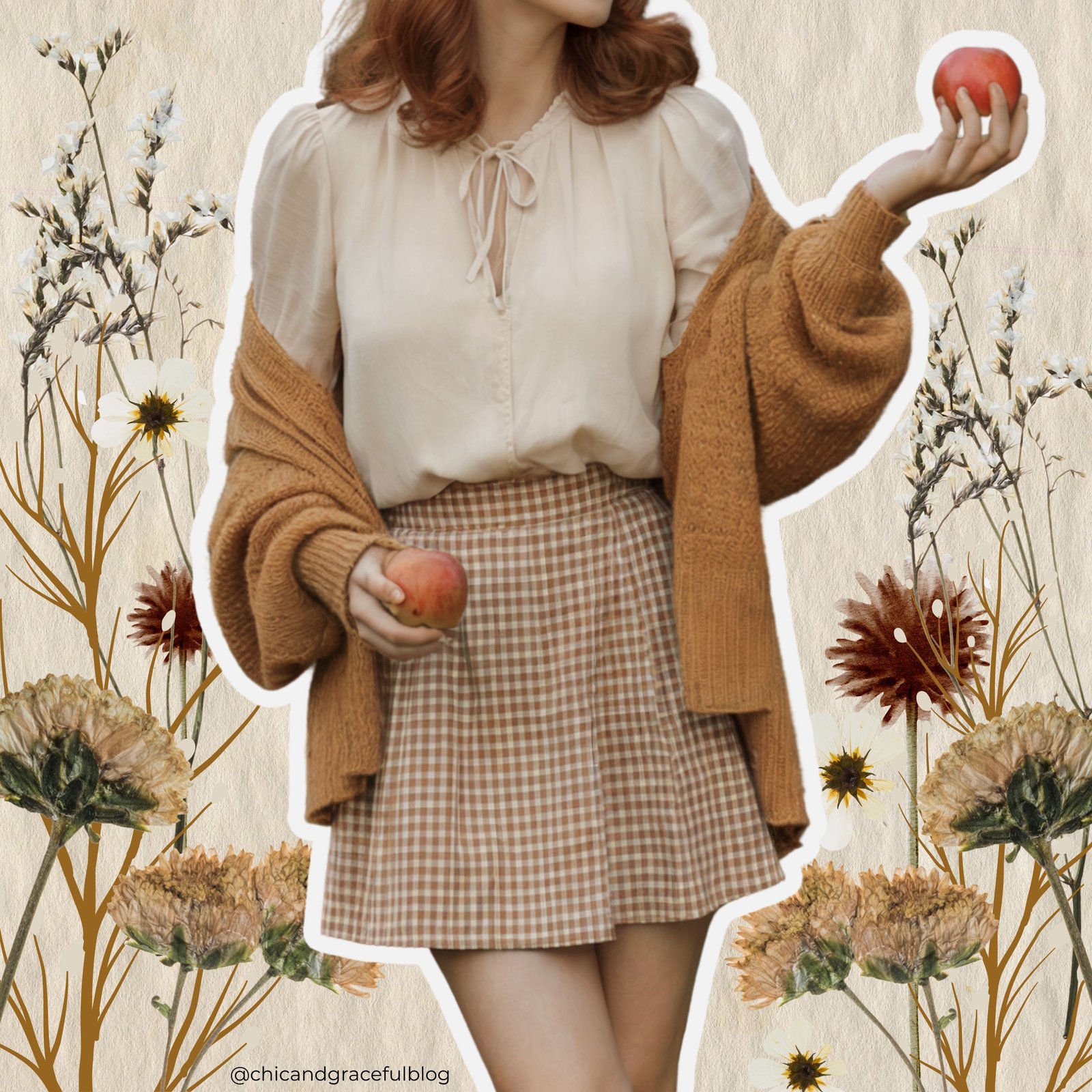 Aesthetic fall cottagecore outfit with a beige gingham mini skirt, cream blouse, and cozy cardigan, styled with apples in hand against a floral background — perfect featured image for modern cottagecore fashion inspiration