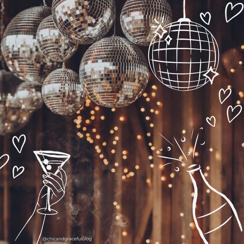 Chic Friendsgiving dinner table styled with glowing candles, rustic florals, and sparkling disco ball backdrop — blending cozy cottagecore warmth with modern party glam.