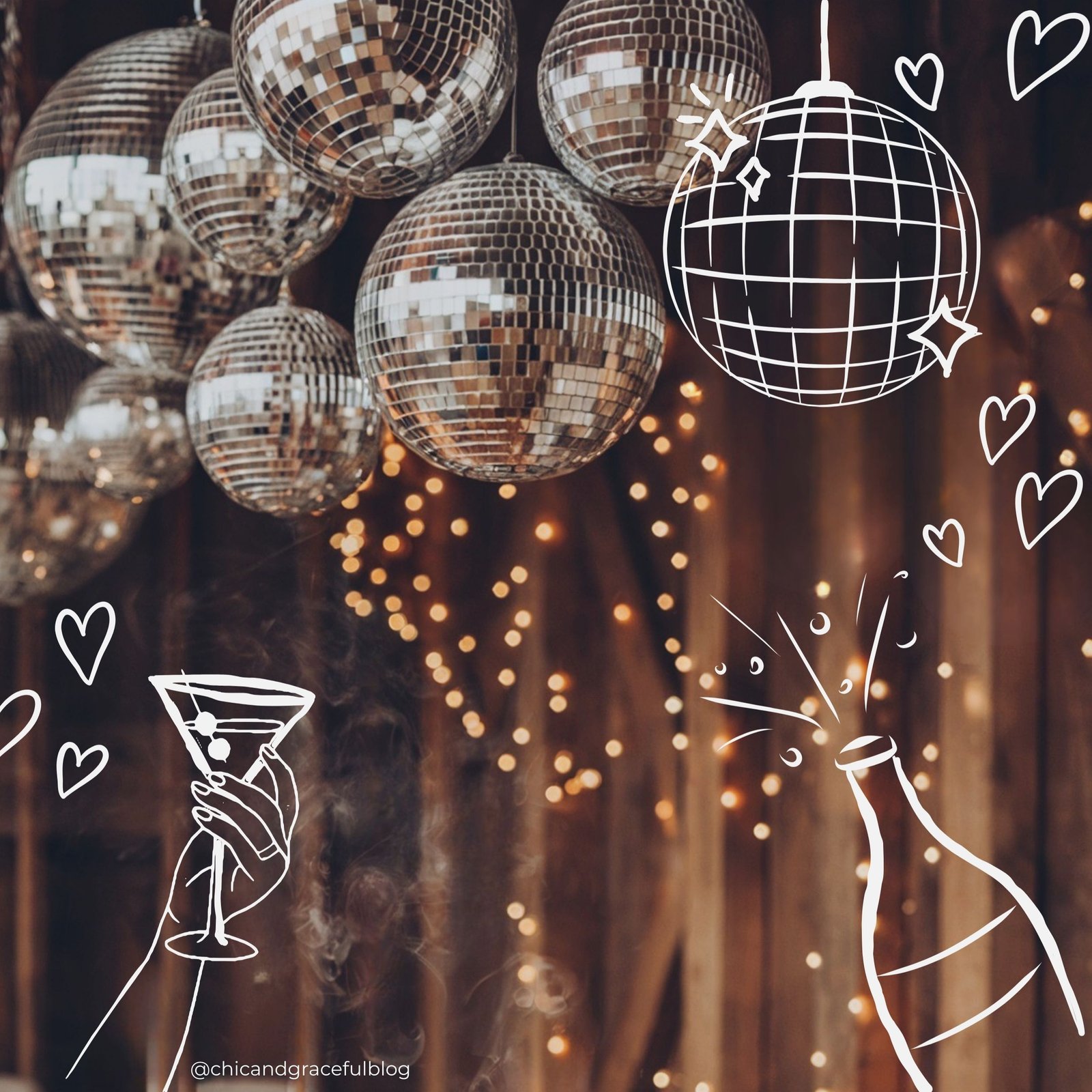 Chic Friendsgiving dinner table styled with glowing candles, rustic florals, and sparkling disco ball backdrop — blending cozy cottagecore warmth with modern party glam.