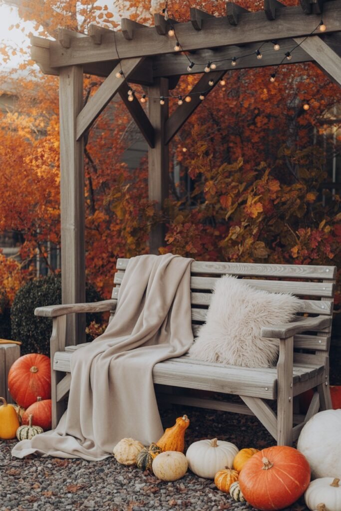 Outdoor fall photo spot with wooden bench, pumpkins, throw blanket, and autumn leaves for a cozy Friendsgiving décor idea.