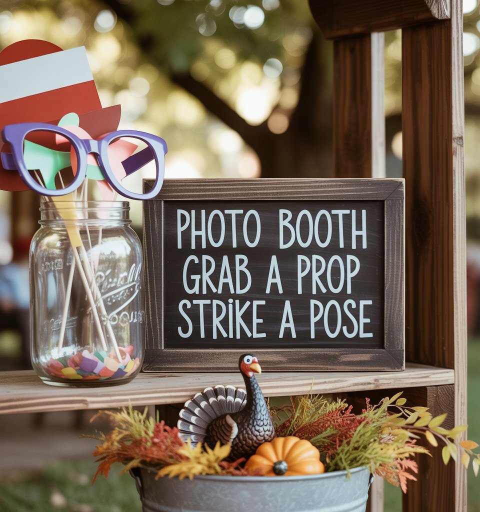 DIY Friendsgiving photo booth setup with props, fall foliage, and pumpkins for a fun seasonal party idea.