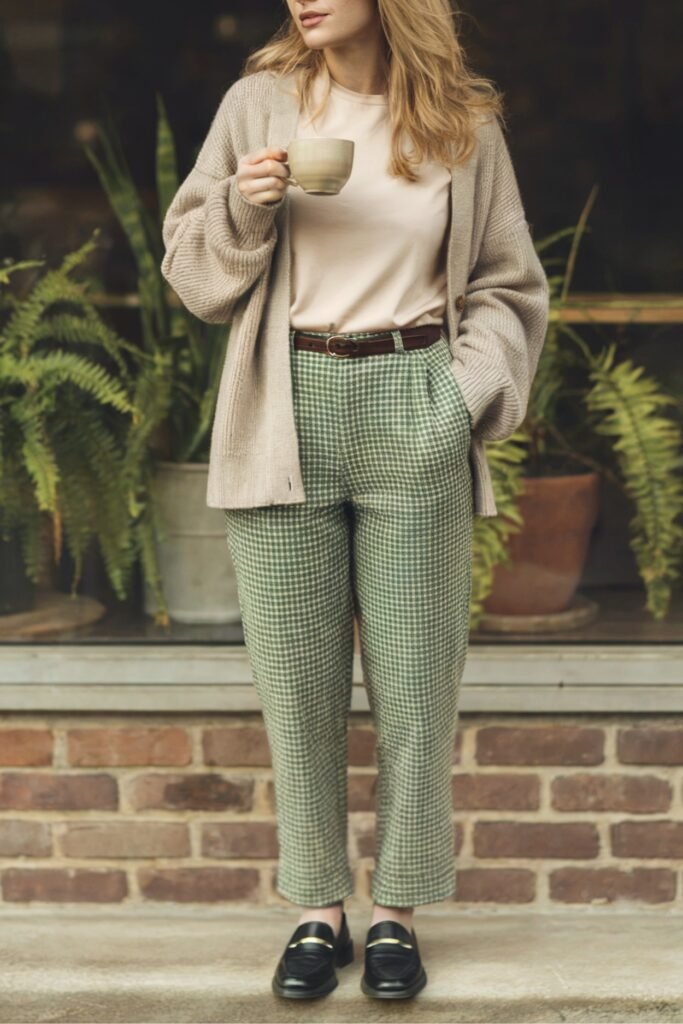 Woman in green gingham pants, beige tee, and cardigan with loafers holding coffee outdoors for a casual vintage-inspired outfit.