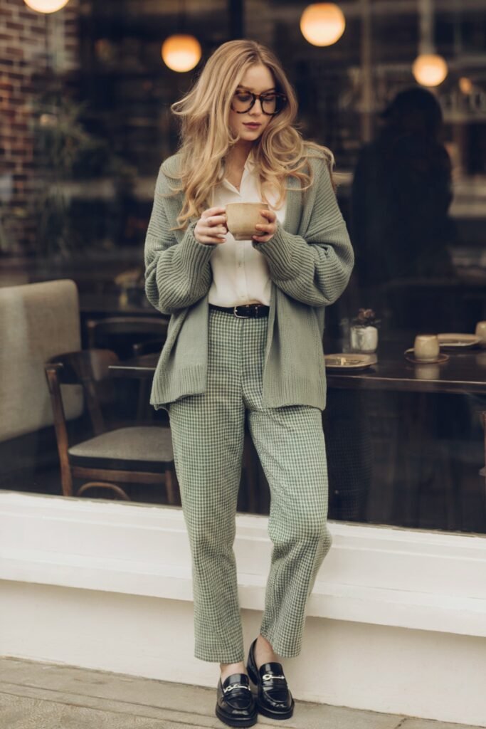 gingham-pants-beige-tee-cardigan-loafers