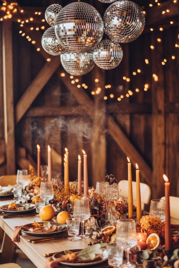 A rustic fall dinner table with orange taper candles, disco balls above, and a natural tablescape of oranges, dried florals, and layered fall greenery. Soft lighting and smoke create a moody autumn glow.