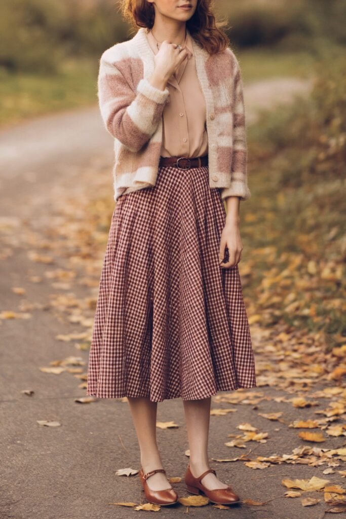 Street style look featuring a vintage checkered gingham dress with pleated skirt, tan belt, black tights, and classic Mary Jane heels, styled for a day-to-night transition.