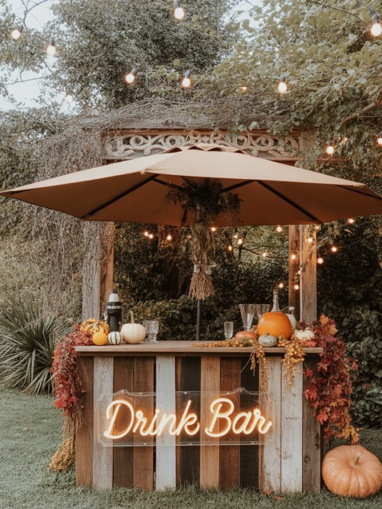 Rustic backyard drink bar decorated with pumpkins, garlands, and neon sign reading “Drink Bar” for Friendsgiving party décor.