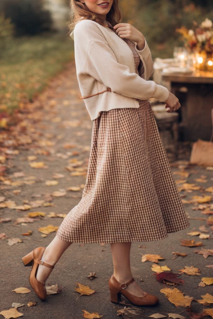 Woman in a brown checkered pinafore dress layered over a cream knit top, styled with a tan belt and tall cognac boots for a vintage-inspired cottagecore look.
